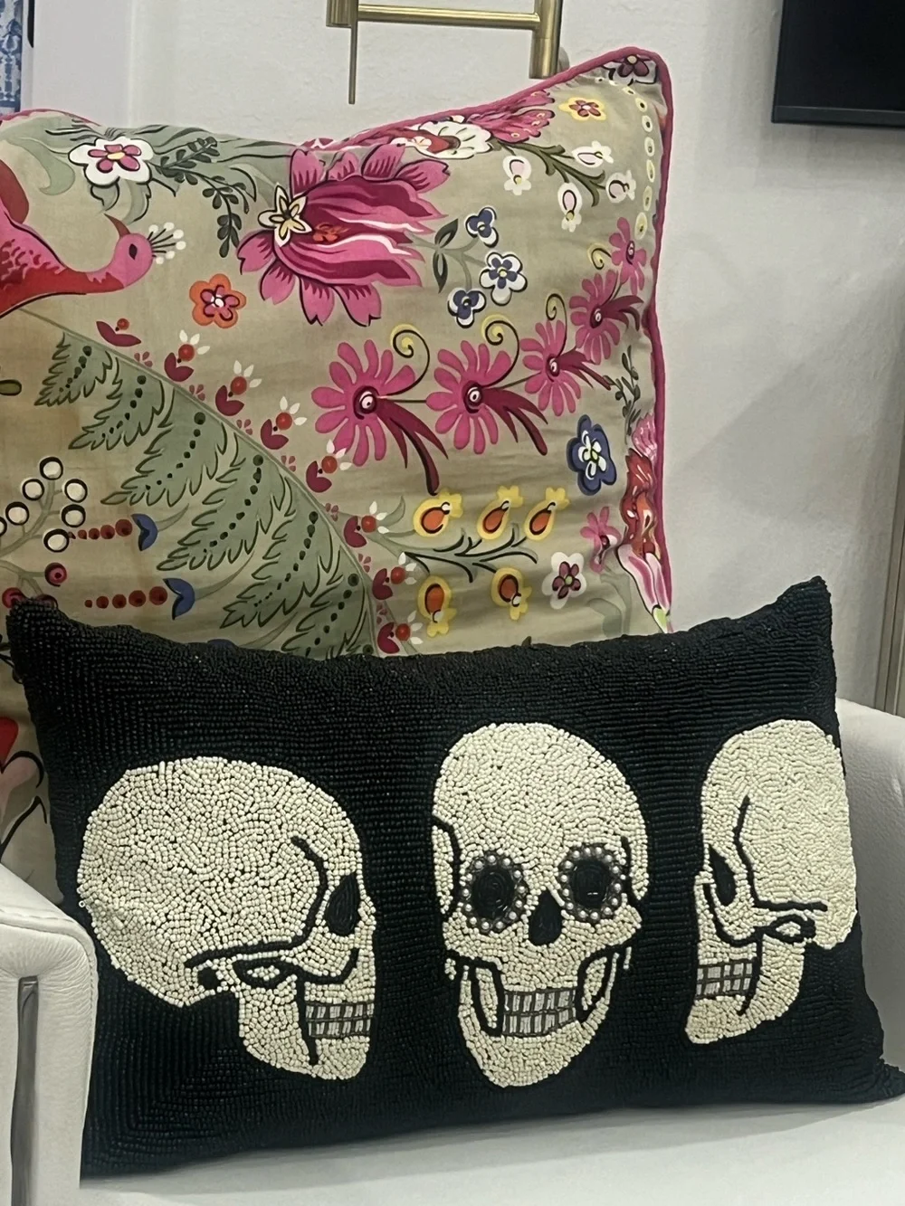 Skull Hand Beaded Black White Halloween Pillow